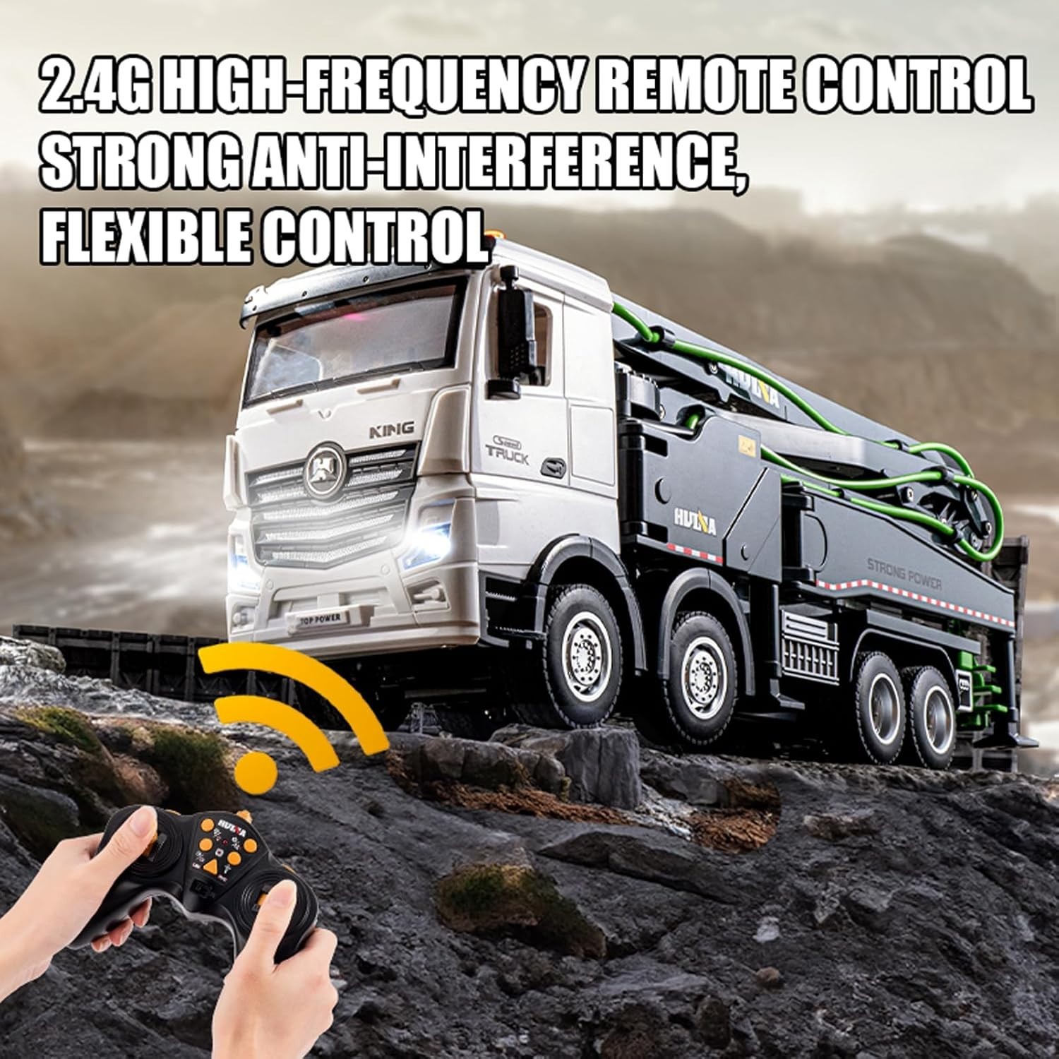 1:18 Scale Concrete Pump Truck RC Toy – Realistic Water Pump & 630° Rotation