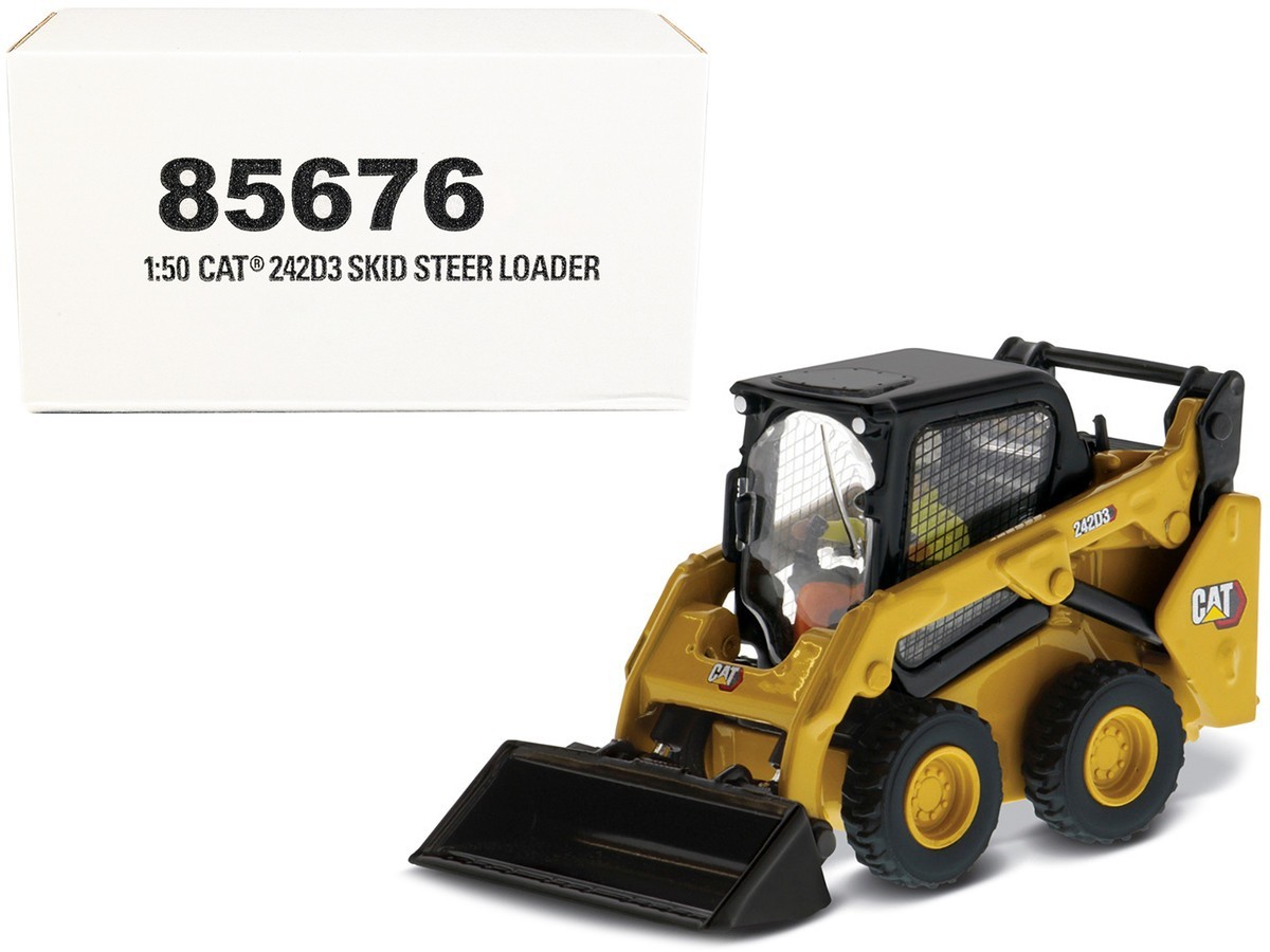 CAT 242D3 Skid Steer Loader Yellow 1/50 Scale Diecast Model with Tools & Operato