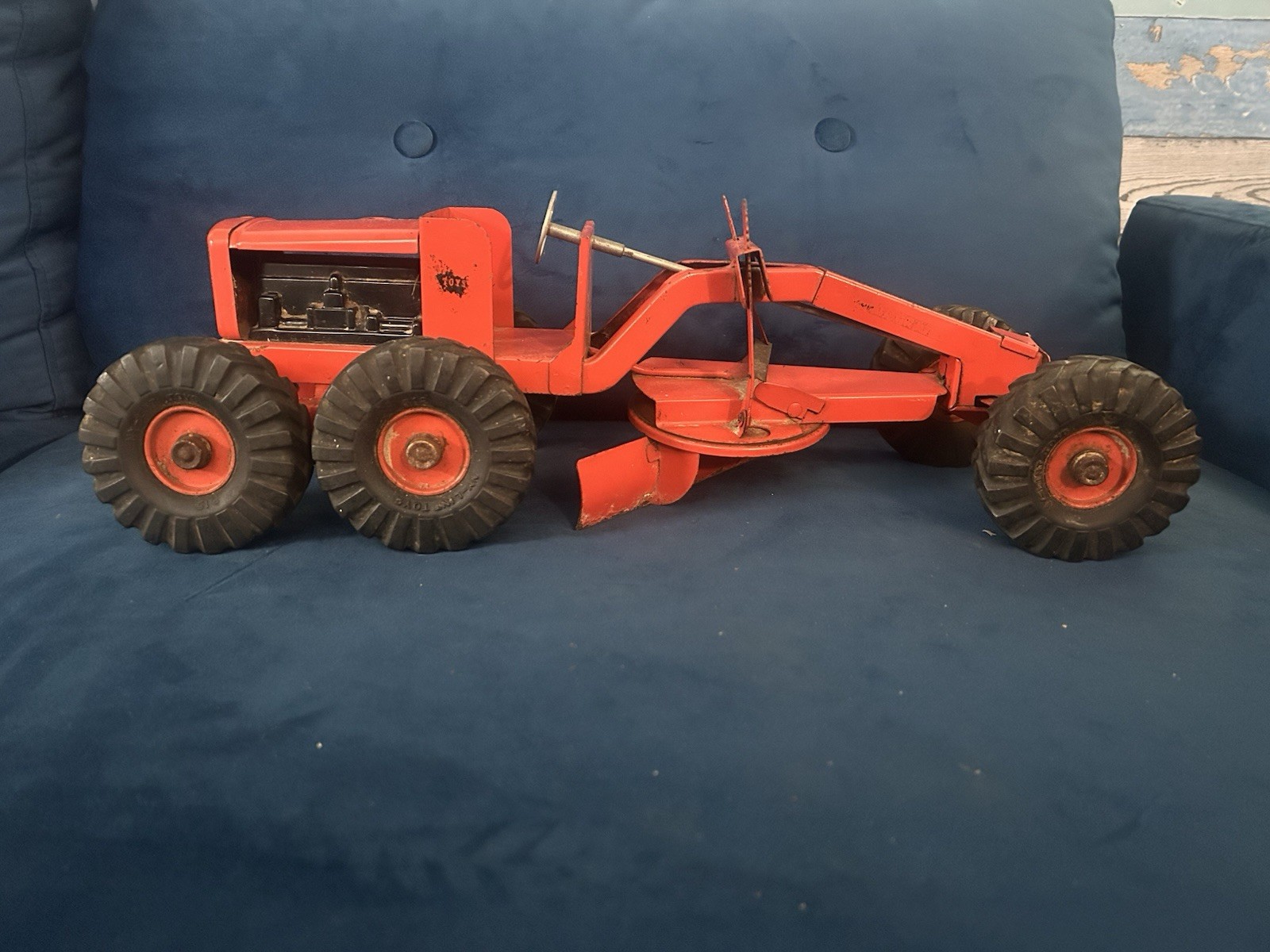 Vtg Toy Truck Road Grader Orange 1950’s NY-Lint Toys Pressed Steel 19” Heavy 🔥