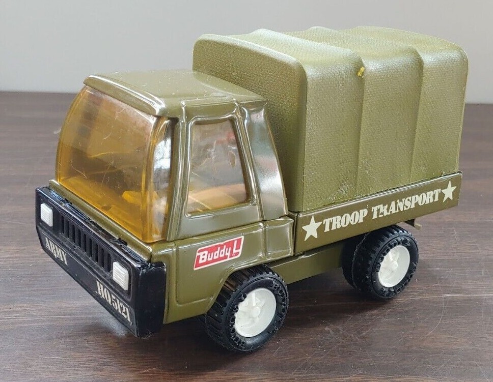 Vintage 1970 Buddy L Pressed Steel Army Military Troop Transport Truck 7″ Green