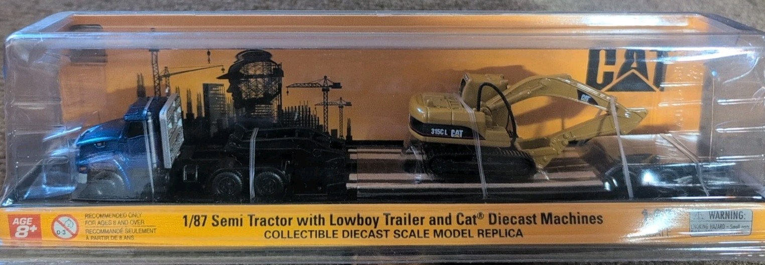 CAT, HO SCALE, SEMI TRUCK AND LOW BOY TRAILER WITH CAT 315C L HYDRALIC EXCAVATOR