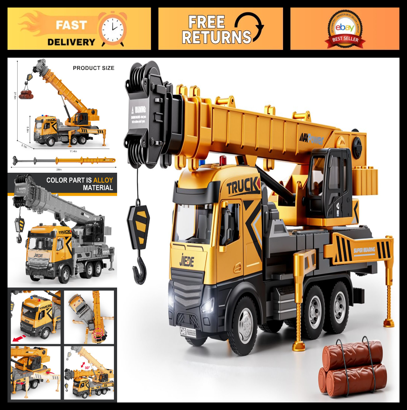 Construction Crane Truck Toy Set – 29″ Alloy Engineering Vehicles with Lights &