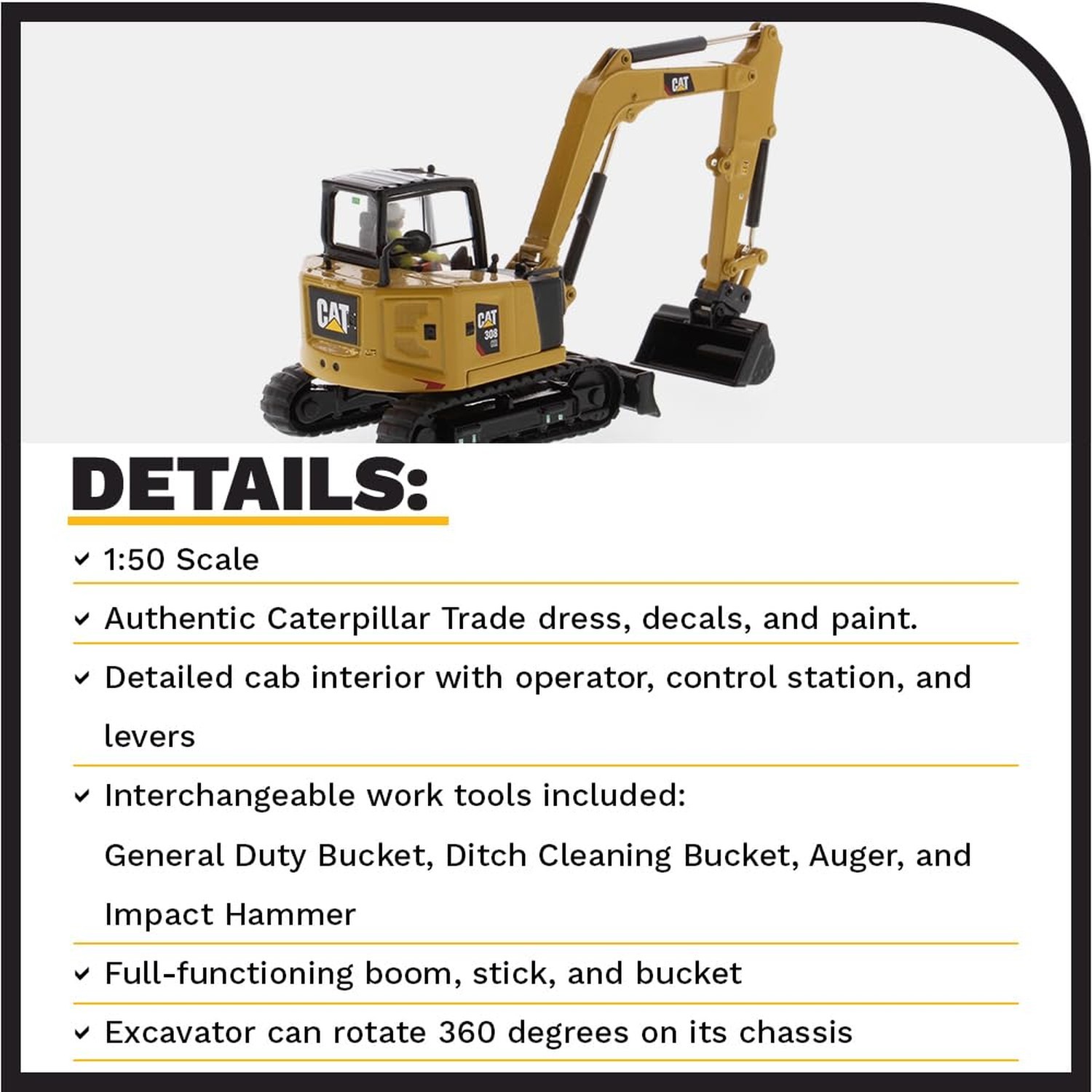 Diecast Masters 1:50 Scale Caterpillar 308 CR Mini Hydraulic Excavator | High…