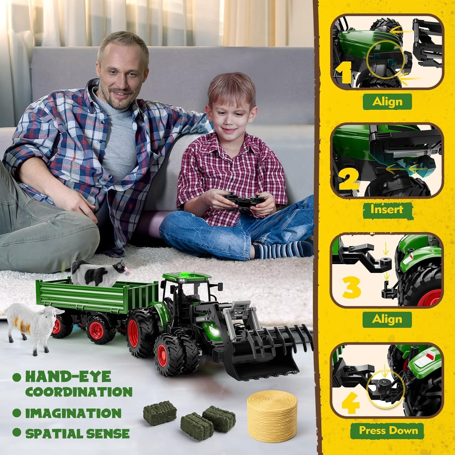 Remote Control Tractor Toy with Trailer & Lights – Fun Farm Vehicle for Ages 3-9