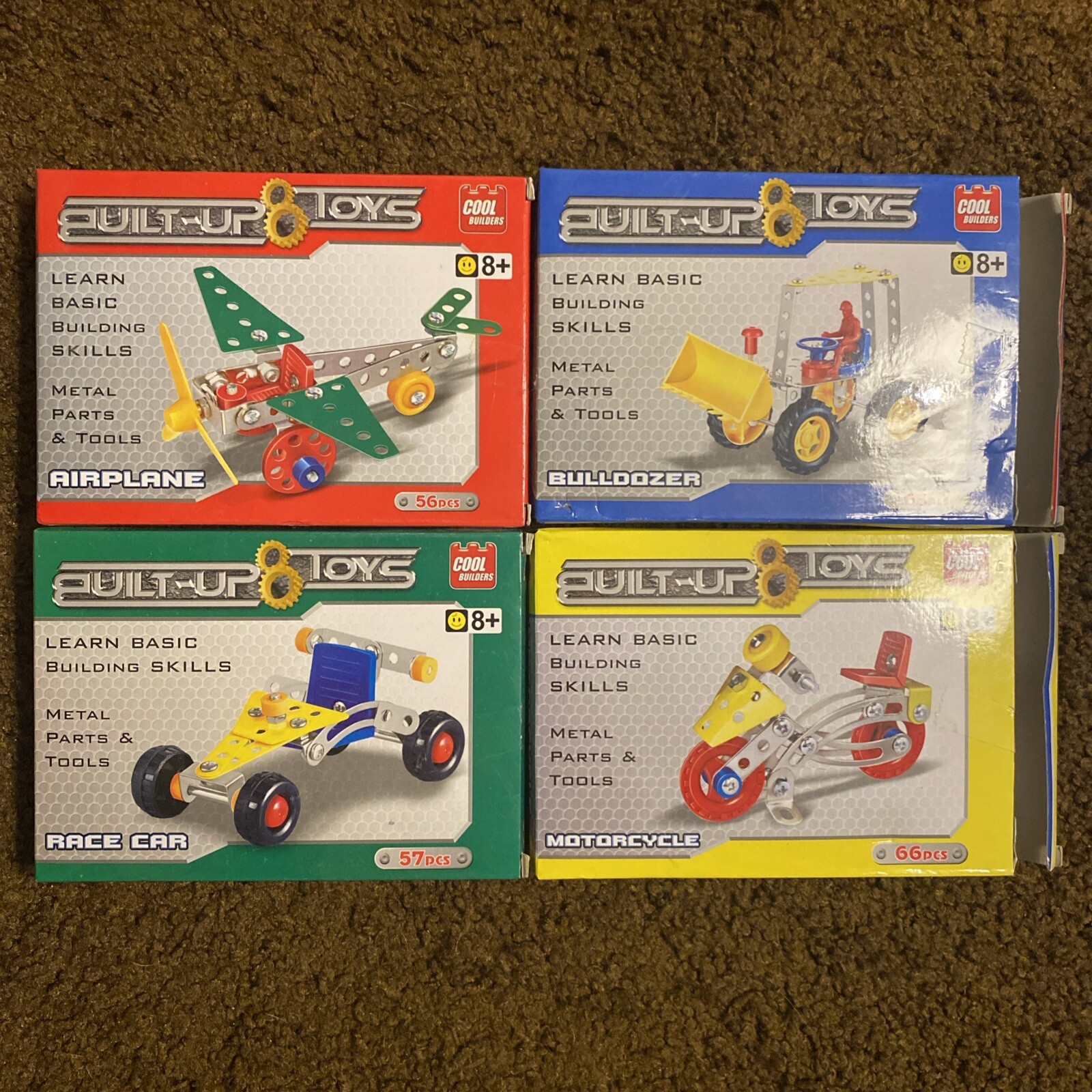 LOT 4 Built-Up Toys Building Skills Bulldozer Airplane Motorcycle Race Car 8+