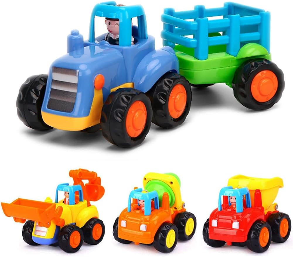 Friction Powered Construction Vehicles Toy Set – Tractor, Bulldozer, Mixer, Dump