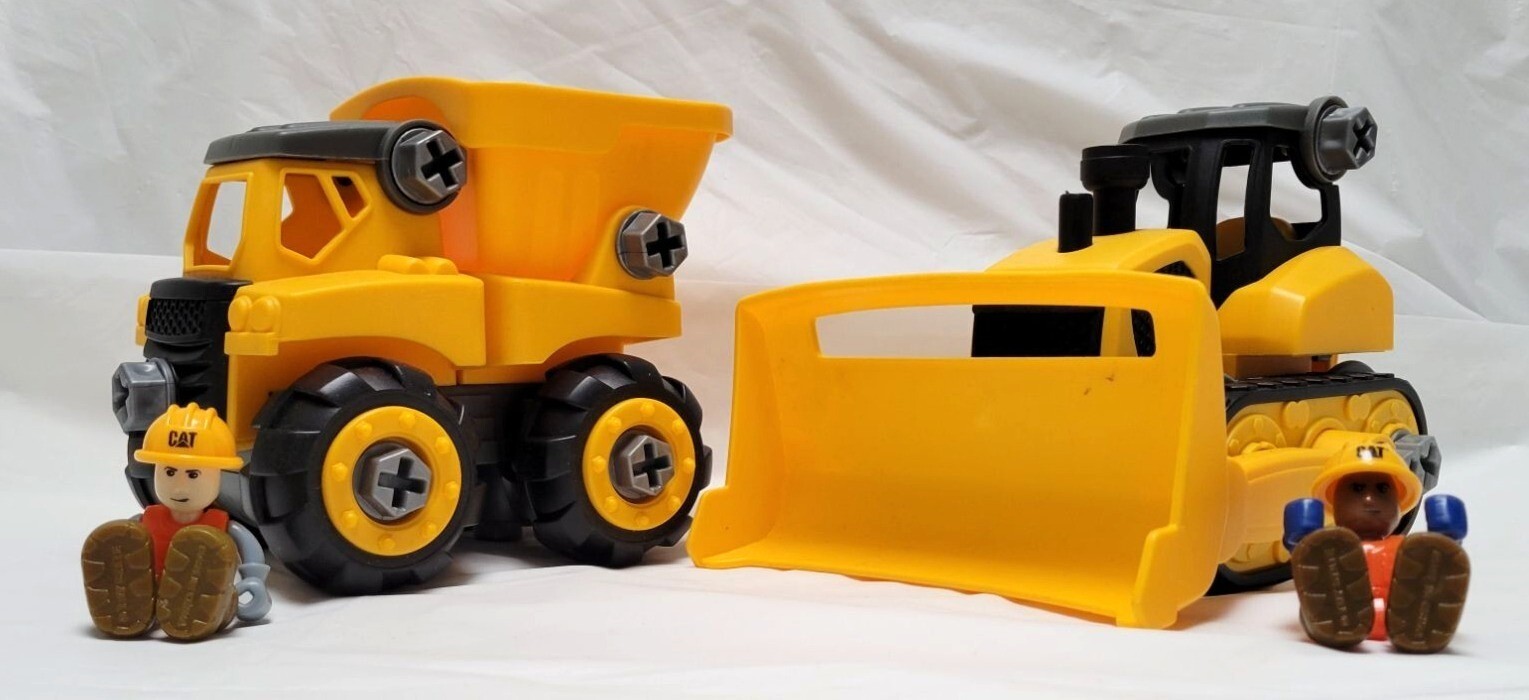 Lot of 2 Toy State Kid Galaxy? Cat Construction Toy Dump Truck Bulldozer Drivers