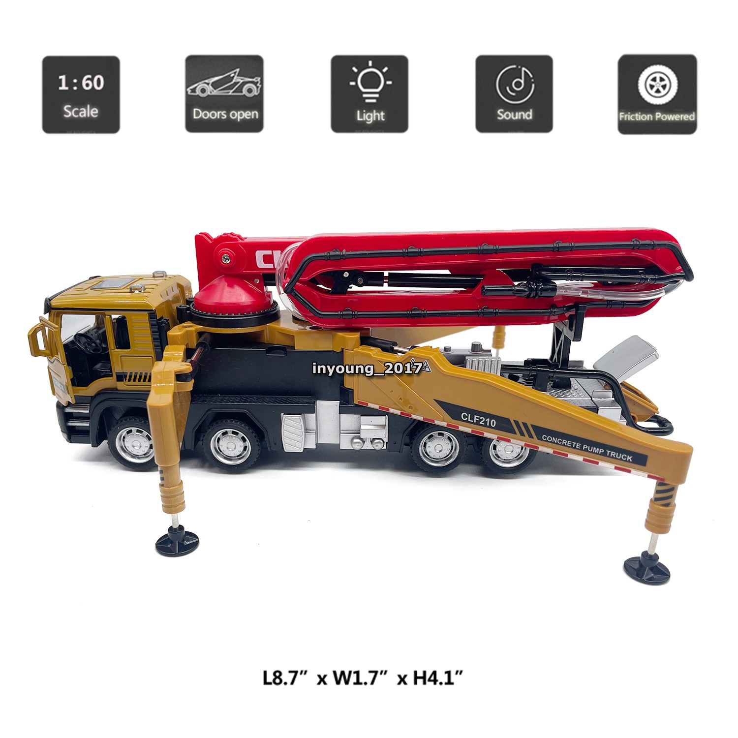 1:60 Concrete Pump Truck Toy Diecast Construction Vehicle Model for Boys Yellow