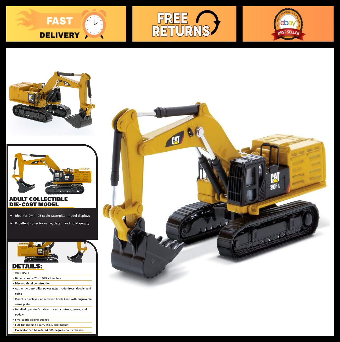 1:125 Scale Hydraulic Excavator Model | Diecast Construction Equipment & Trucks