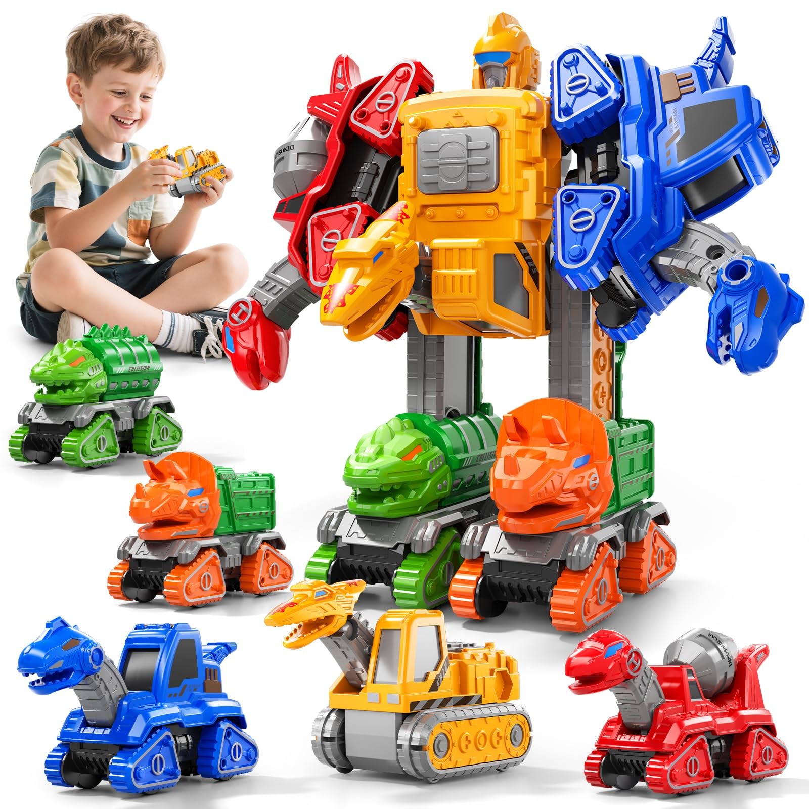 Transforming Robot Toys Set Construction Trucks, Dinosaur Car Toys 6 in 1 Tra…