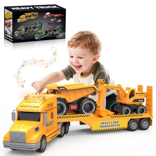 27-In Semi Construction Truck 3-in-1 Excavator Dump Truck Lights Sounds Yellow