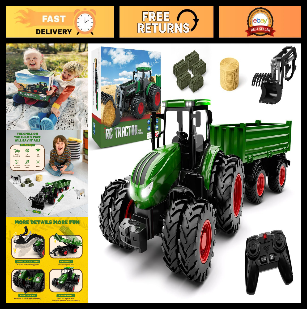 Remote Control Tractor Toy with Trailer & Loader | 8-Wheel Farm Vehicle Set, Lig