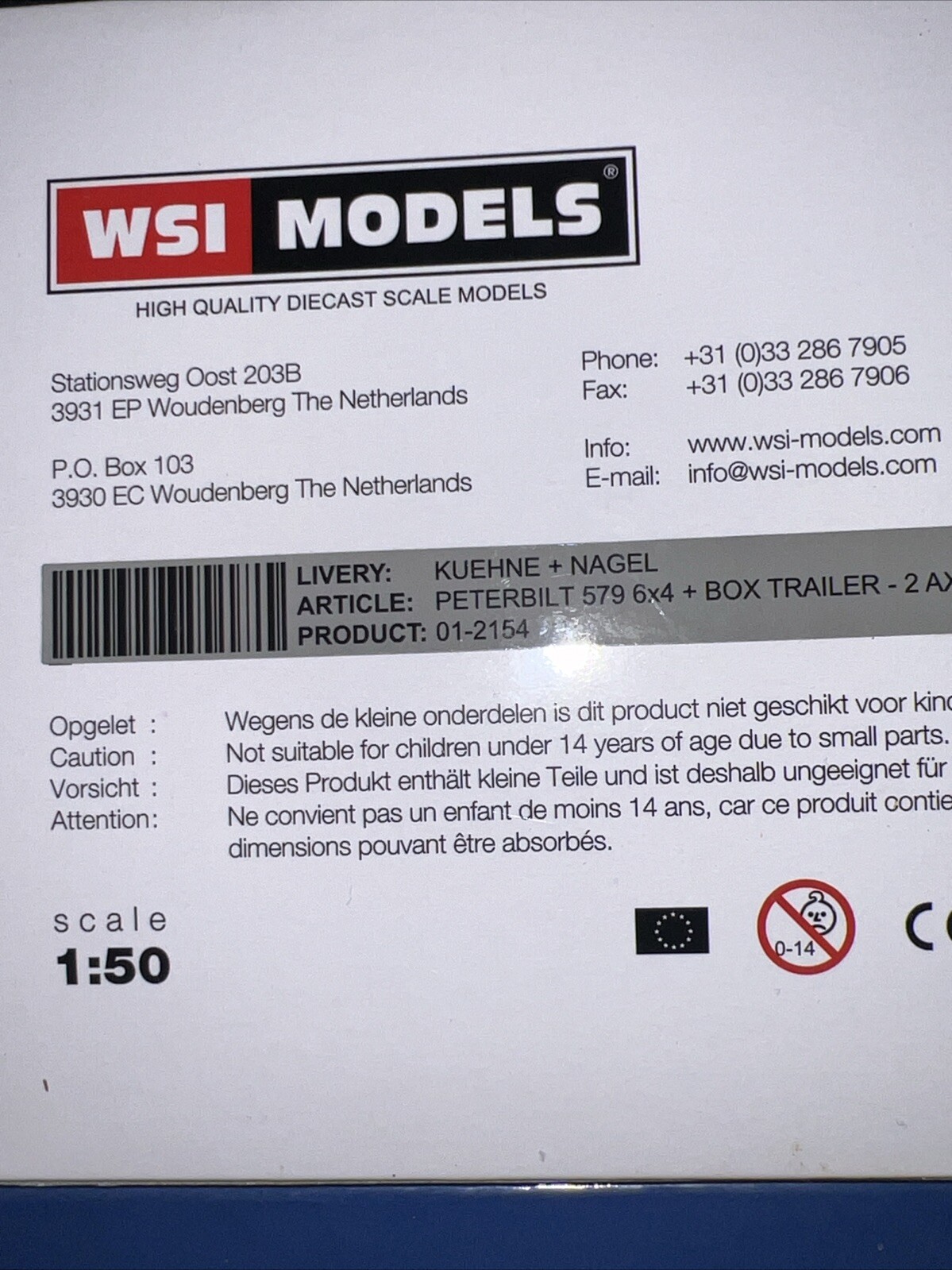 CHOICE NEW 1:50 WSI MODELS Peterbilt 579 6×4 Tractor-Kuehne+Nagel Reefer Or Box