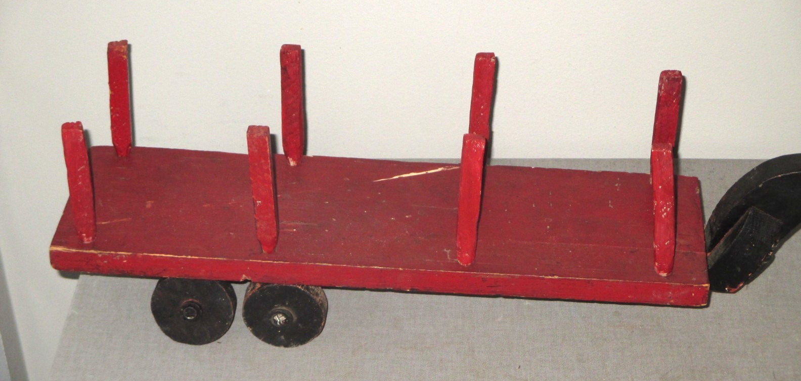1930 FOLK ART WOOD HANDMADE SEMI TRUCK & STAKE BODY TRAILER ANTIQUE TOY SET-32″