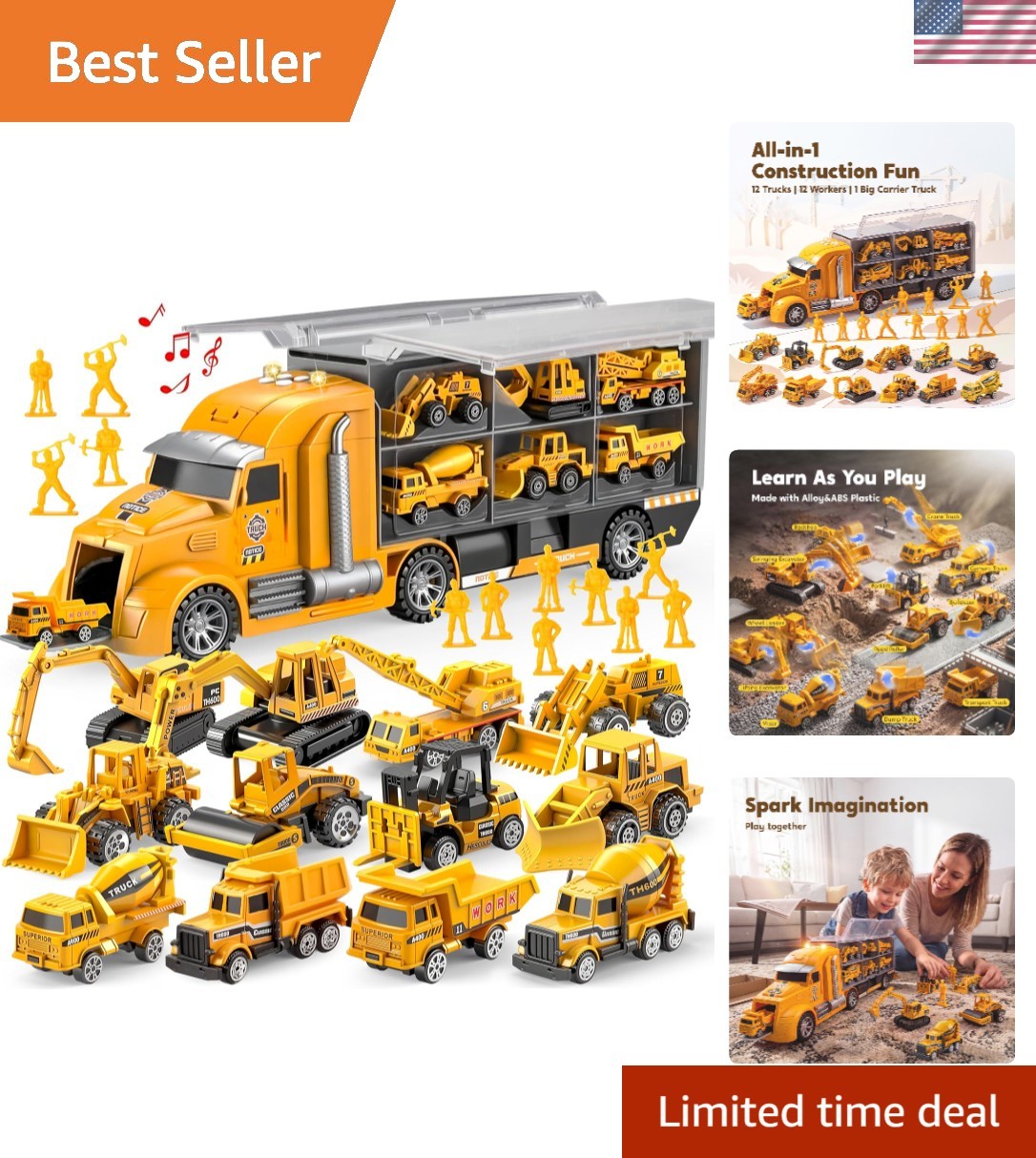 25-in-1 Construction Truck Toy Set with 12 Vehicles & Figures: Educational Fun