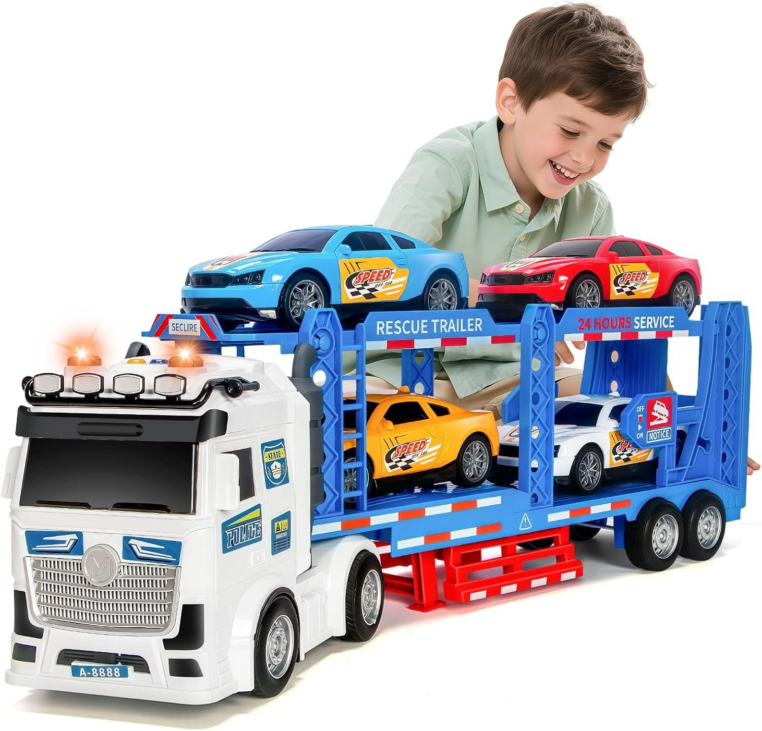 Semi Truck Toy for Boy Ages 3 4 5 6, Adjustable Double Decker Carrier Truck | La
