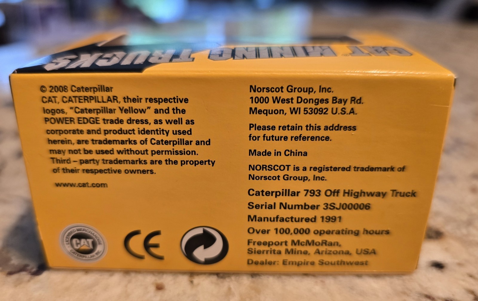 Norscot Construction CAT Mini Diecast Vehicle 100,000 HR 793F Sierrita Mine NEW