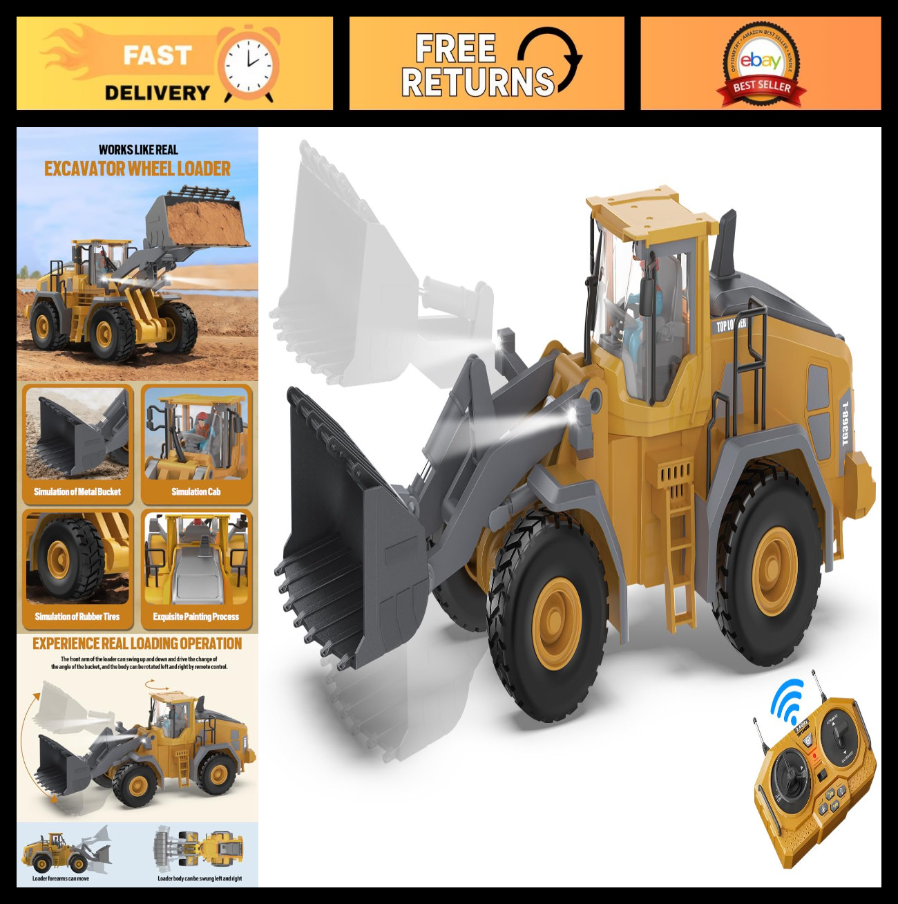 Remote Control Wheel Loader Toy – 9-Channel Construction Truck, Lights & Sounds,