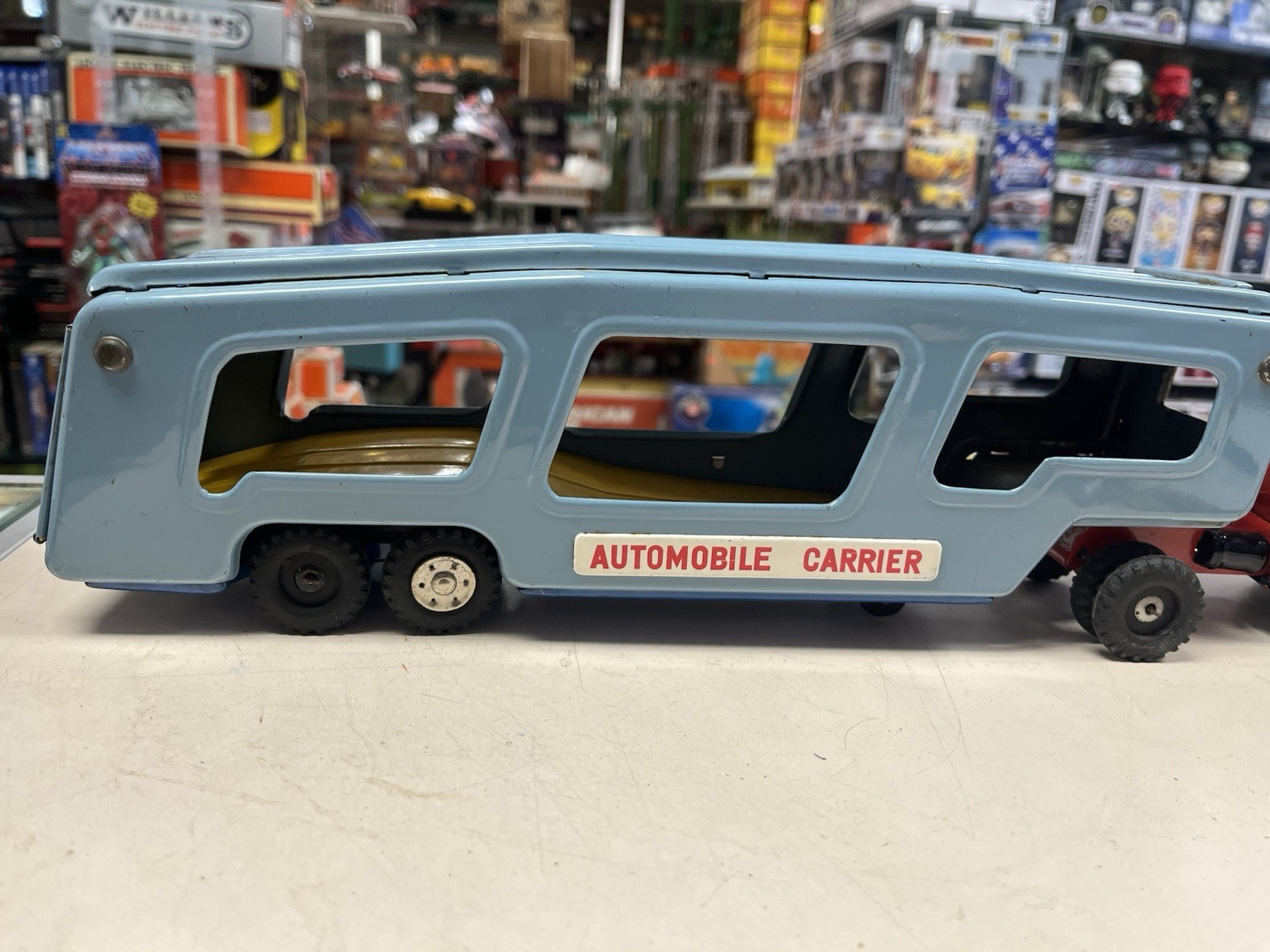 * VINTAGE SSS TOYS JAPAN TIN FRICTION TRACTOR TRAILER AUTOMOBILE CARRIER 17 INCH