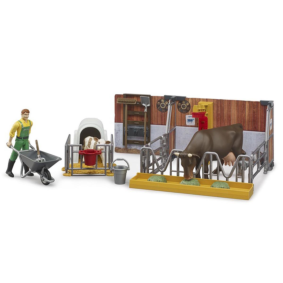 1/16 Bworld Cow & Calf Barn with Farmer by Bruder 62611