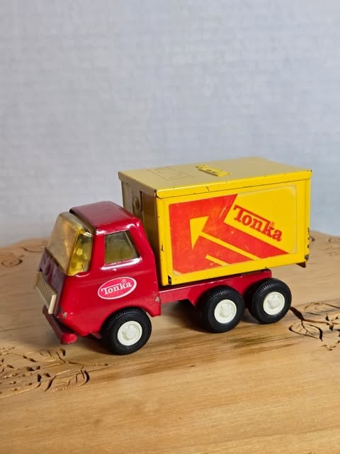 Vintage Tiny Tonka Box Truck is a red and yellow delivery truc