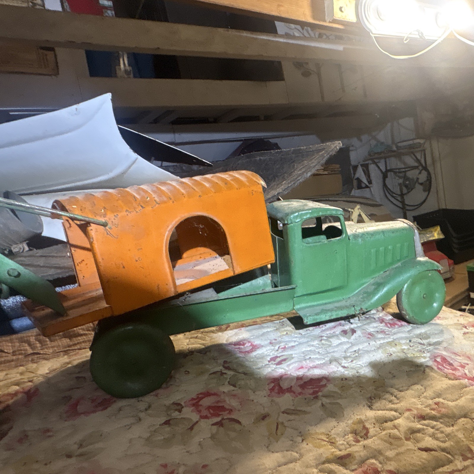 Vintage Thomas toys Dump Truck Green Orange w/ Scoop Crane Bucket Trailer