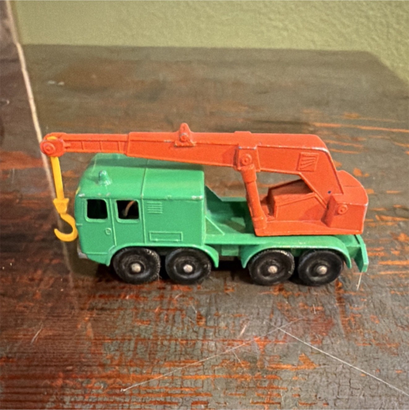 Matchbox Diecast Crane 8 Wheel Green Orange Yellow Vintage Toy Vehicle