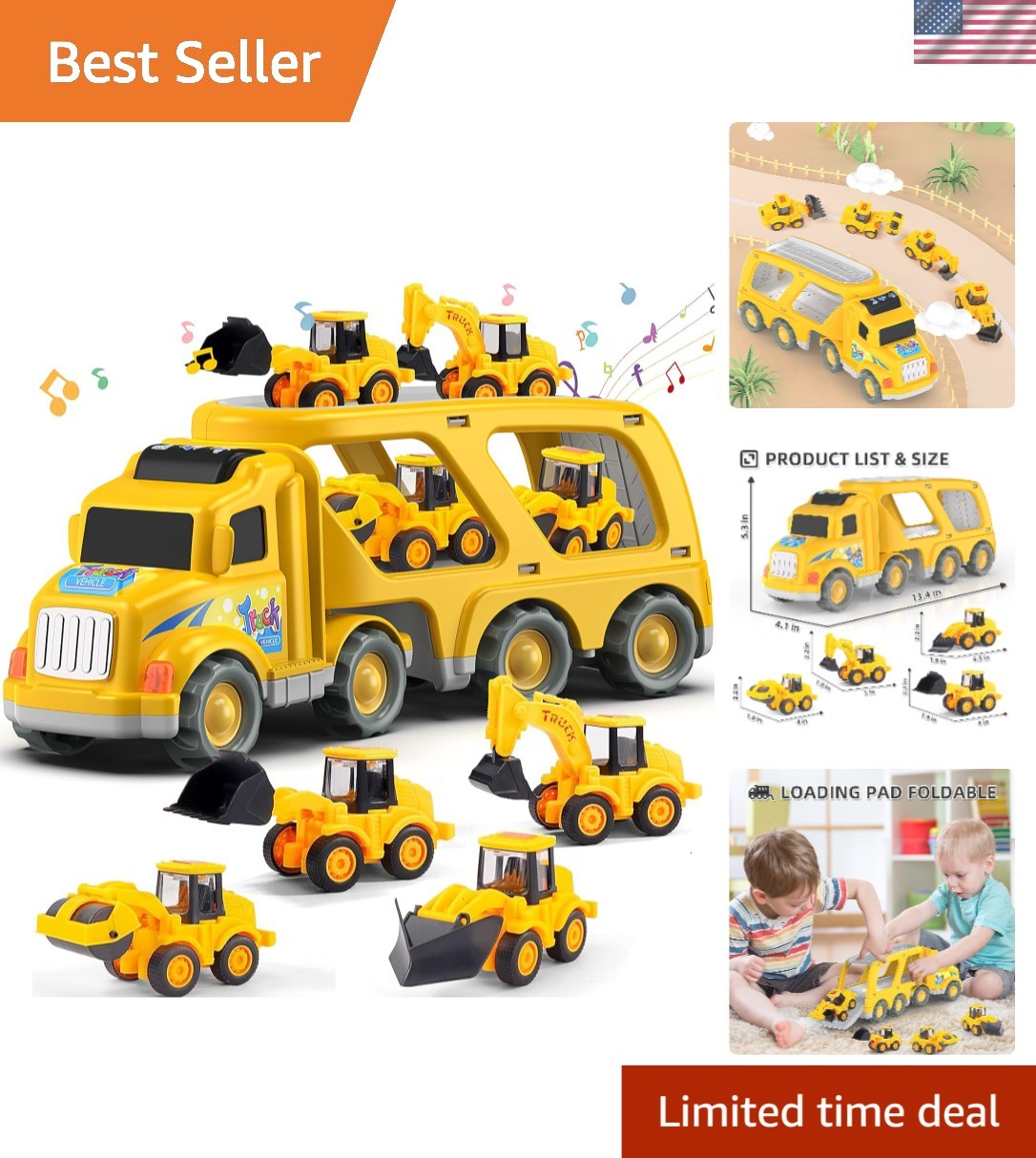 Interactive 5-in-1 Construction Vehicle Set – Gift for Toddlers 3-6