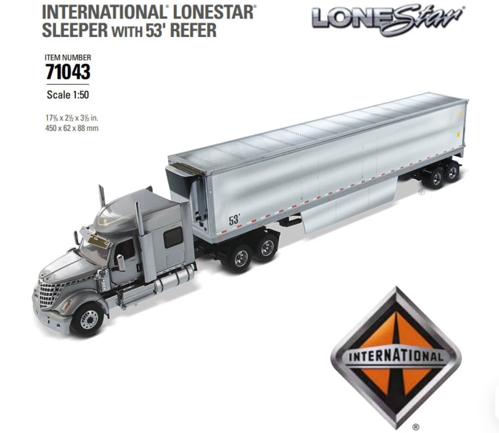 1:50 DM International Lonestar Semi Truck 53’Reefer Trailer Chrome Diecast Model