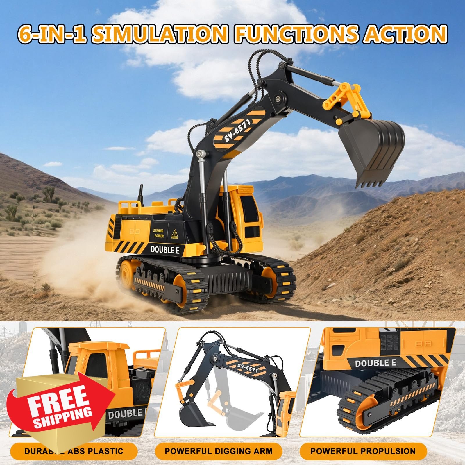 DOUBLE E RC Excavator Toy Digger Construction Vehicle 6 Functions 3-14yr