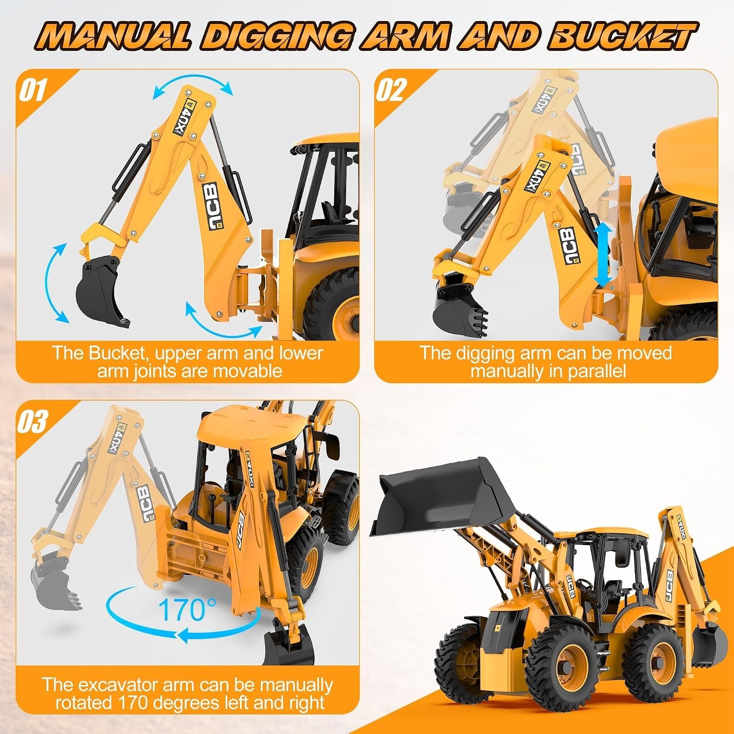 1:20 Scale RC Excavator & Loader – Dual-Function with Sound & Light Effects