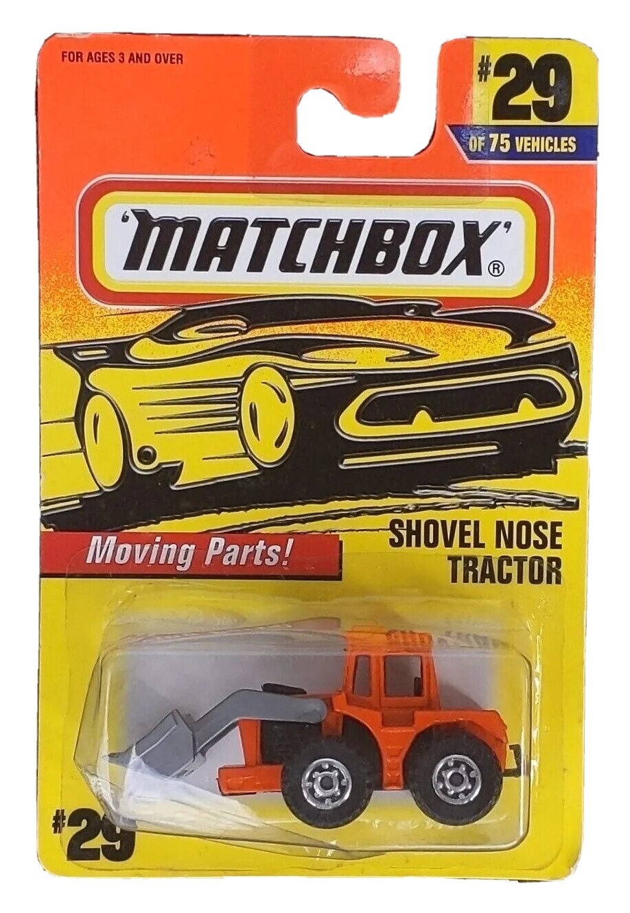 Matchbox 1996 issue shovel nose tractor, #29, orange, in box