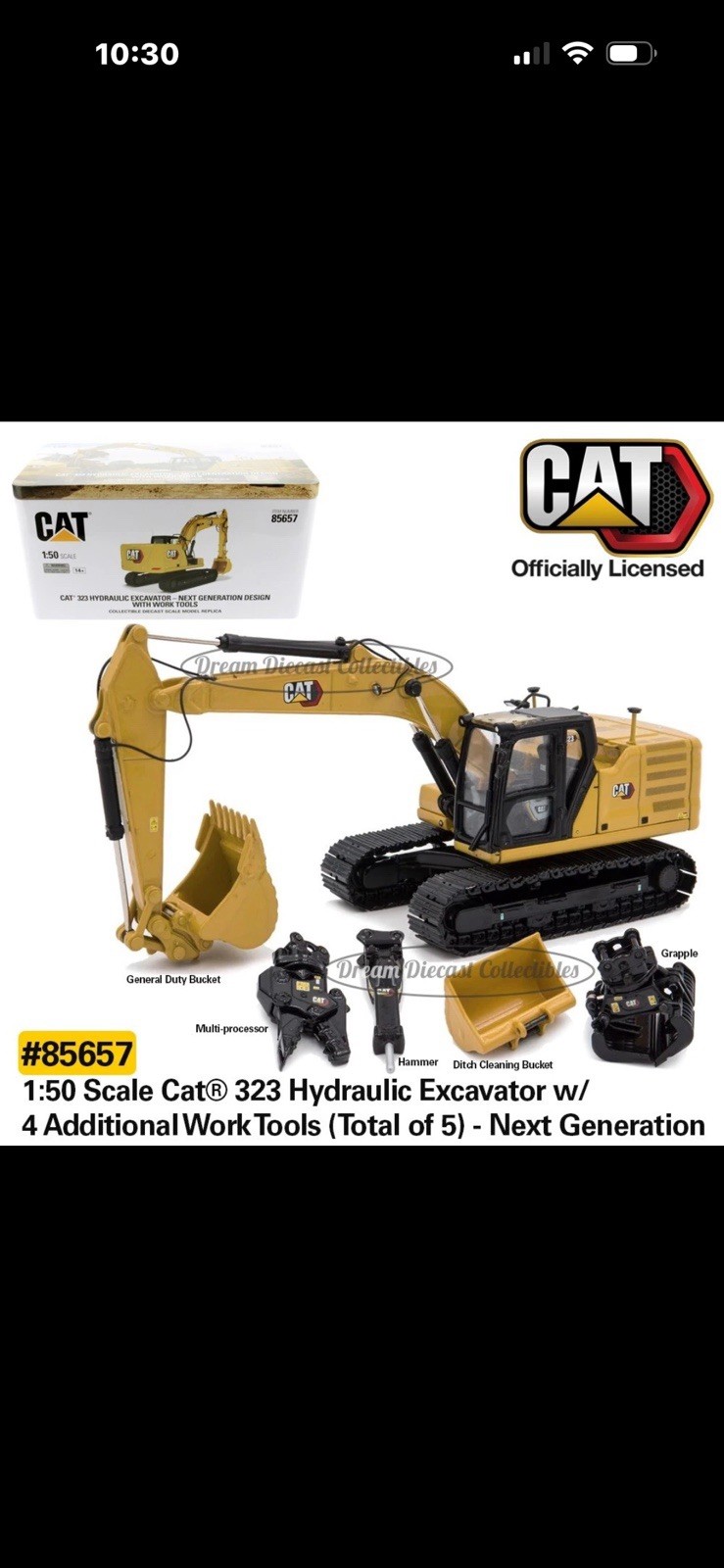 DM 1:50 CAT 323 NEXT GEN HYDRAULIC EXCAVATOR W/ WORK TOOLS DIECAST MASTERS 85657