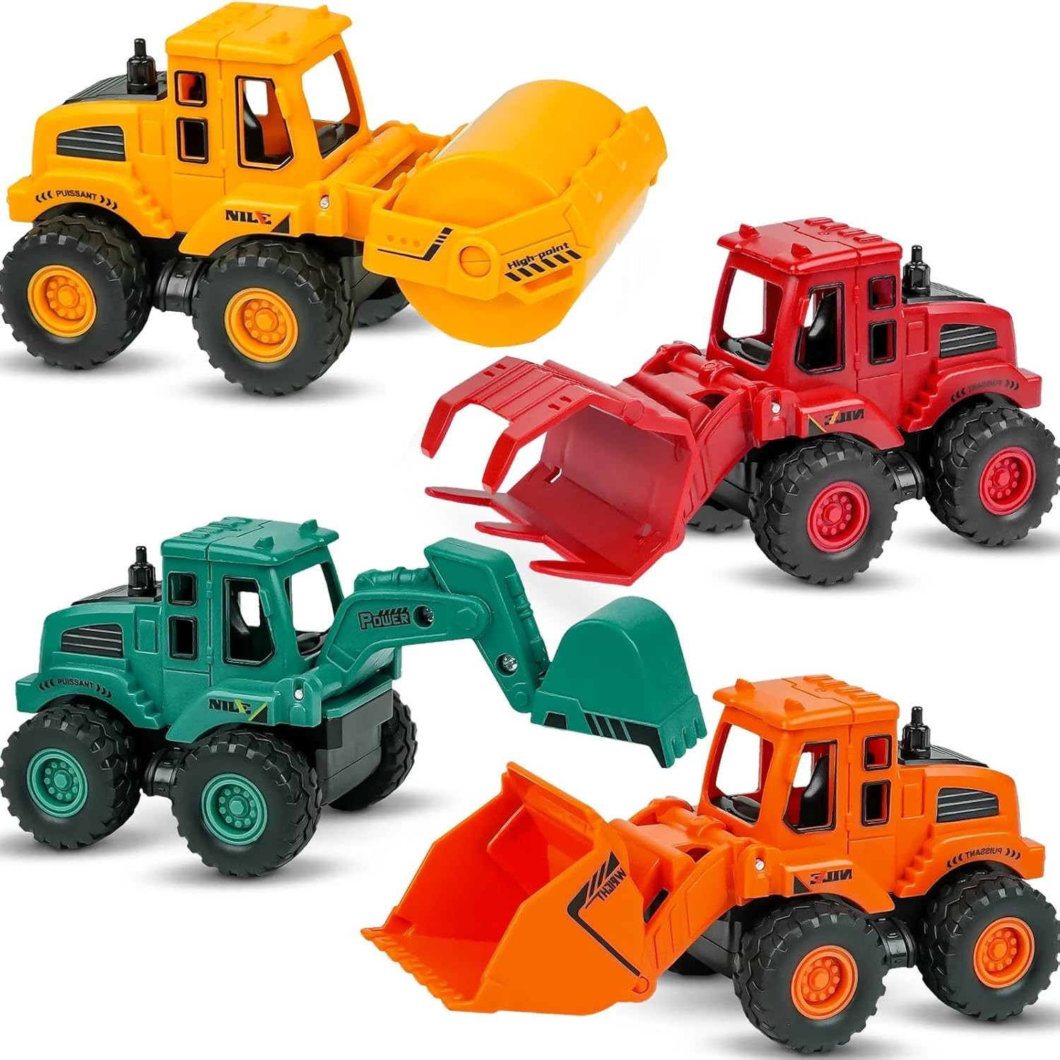 Friction Powered Construction Truck Toys 4-Pack Excavator Bulldozer Kids Boys