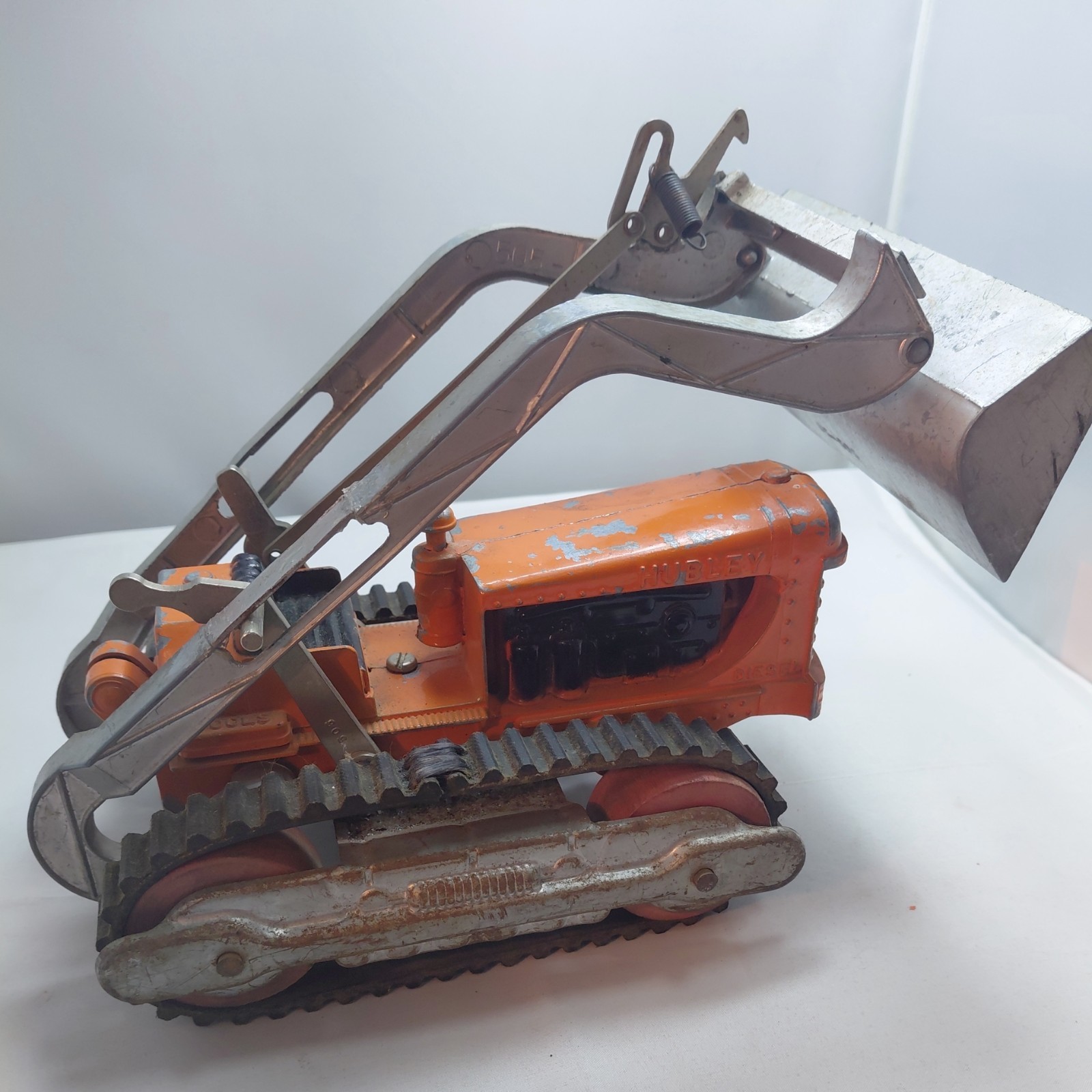 Vintage Toy HUBLEY #505-58 Orange Steel Bulldozer Wooden Wheels Metal Toy