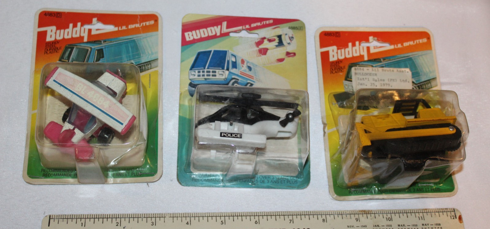 3 SEALED 1970s Buddy L Lil Brutes Airplane Helicopter Bulldozer MOC NOS MISP NEW