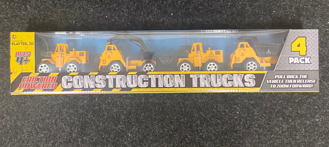 Construction Trucks Friction Powered Set 4 Pack Yellow Toys Playtek Ages 4+ New
