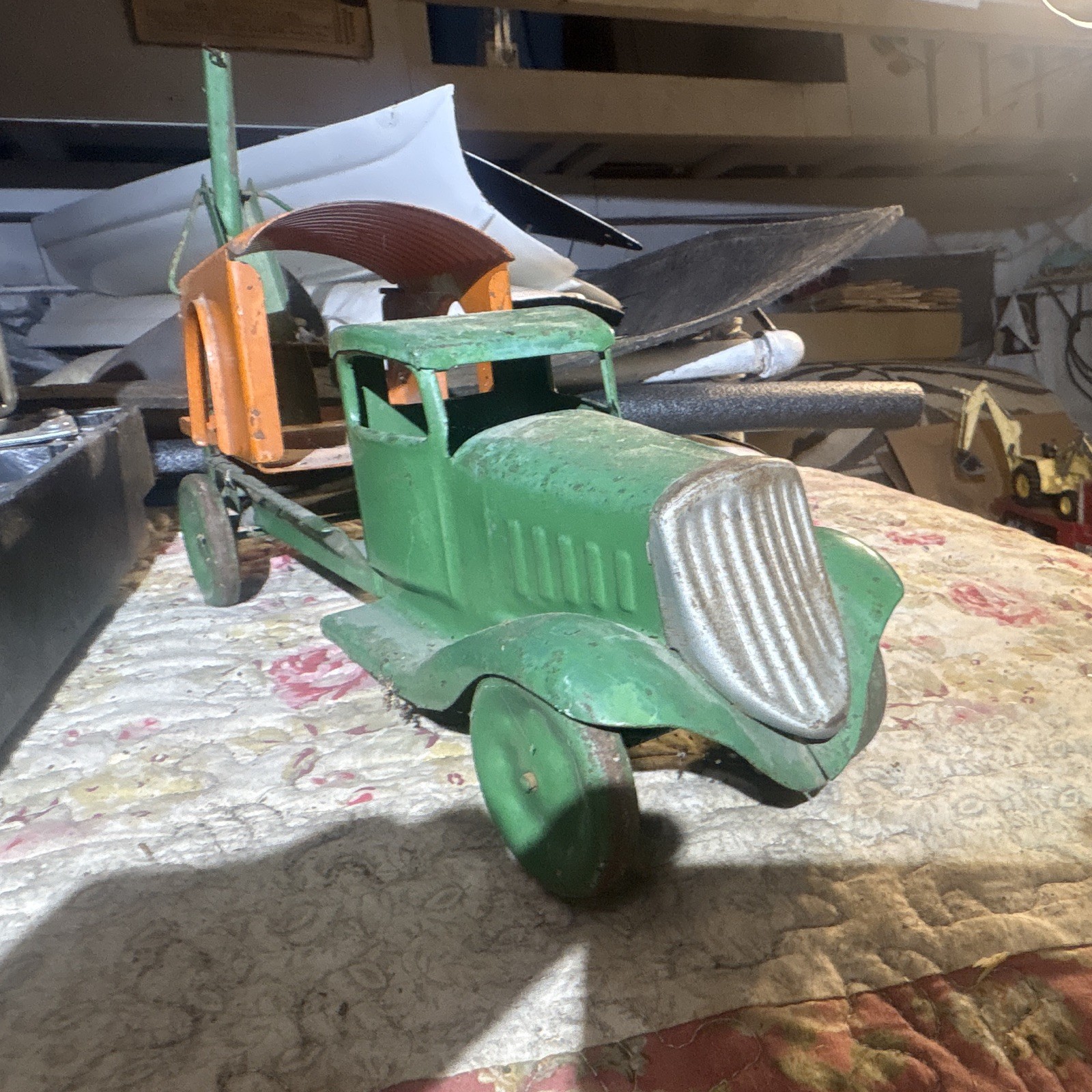 Vintage Thomas toys Dump Truck Green Orange w/ Scoop Crane Bucket Trailer