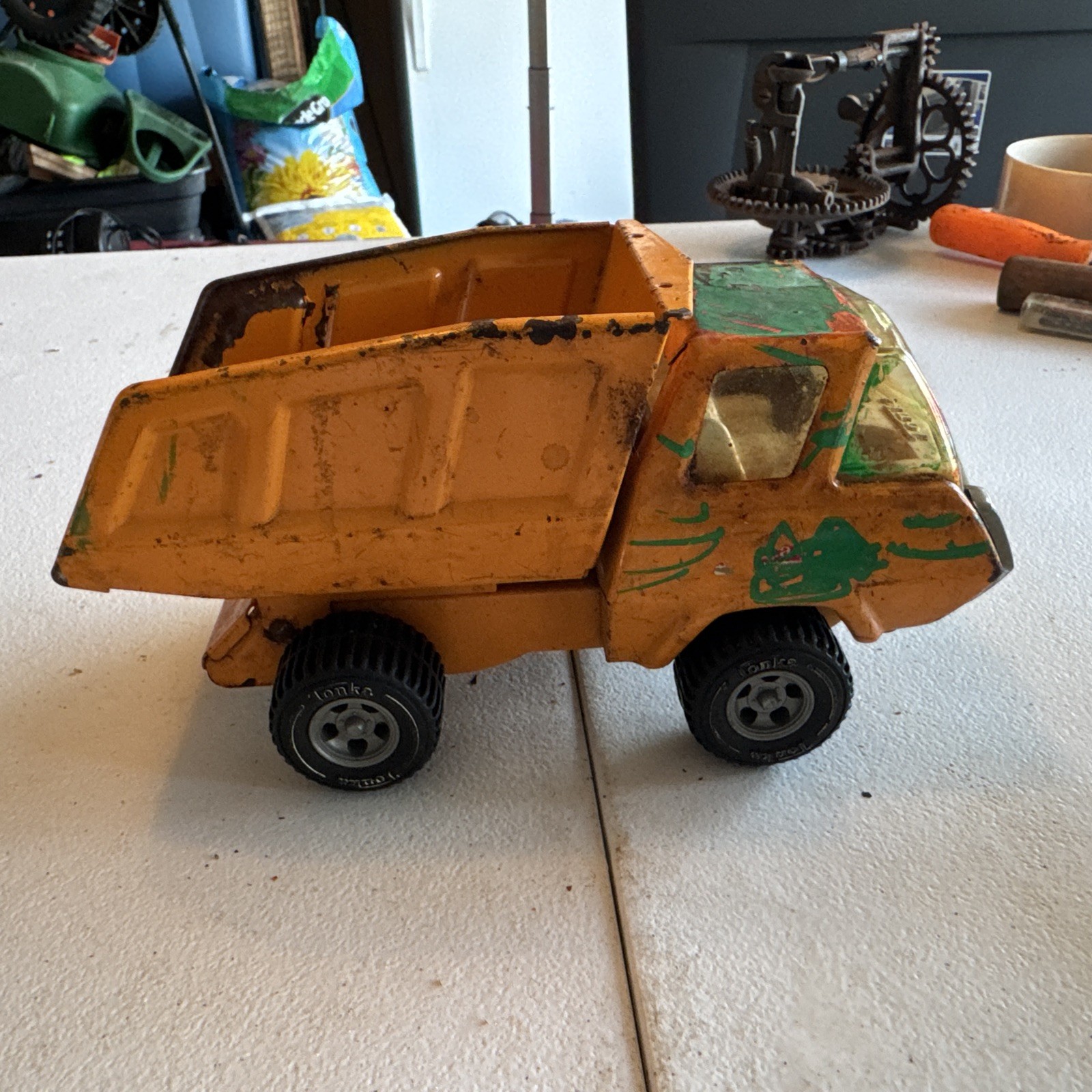 Vintage Mini Tonka Dump Truck Orange 8 1/2” Long, 1970s (B11)