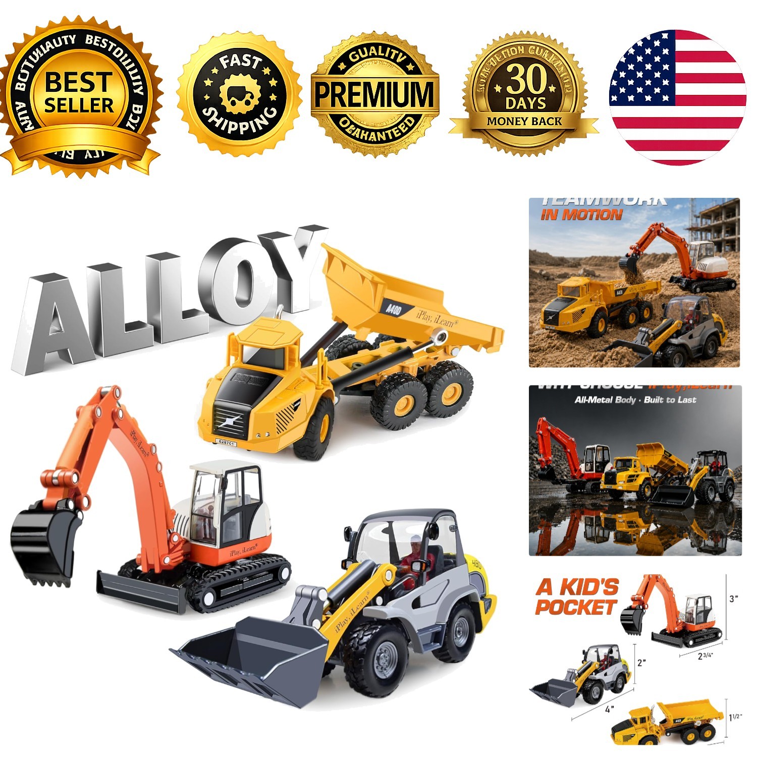 Heavy Duty Construction Site Playset Metal Dump Truck Digger Kids Excavator